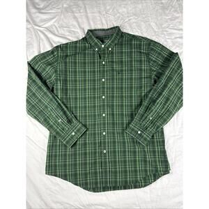 IZOD Shirt Men's XL Green Navy Blue Plaid Long Sleeves
